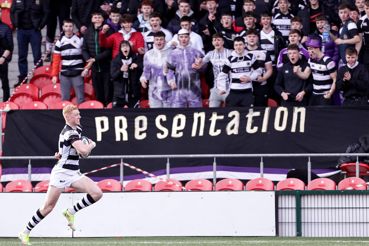 Presentation Brothers College's Sean Condon on his way to scoring a try. Picture: INPHO/Laszlo Geczo
