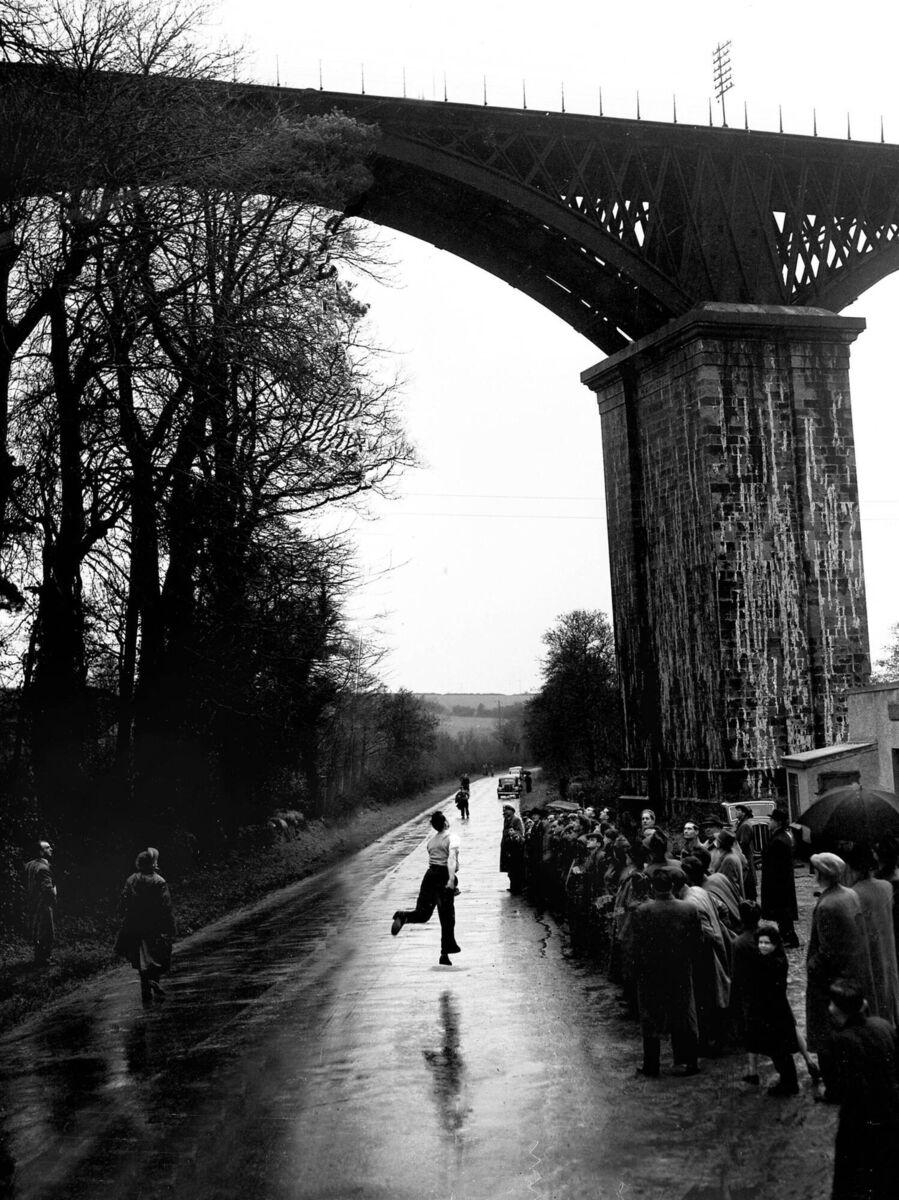 Cork bowler Mick Barry lofting the Viaduct with a 16oz steel road bowl in 1955 Cork bowler Mick Barry lofting the Viaduct with a 16oz steel road bowl in 1955