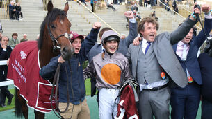 <p> A Case Of You and Ronan Whelan with trainer Ado McGuinness after winning the Prix de L’Abbaye last October. Picture: Healy Racing</p>