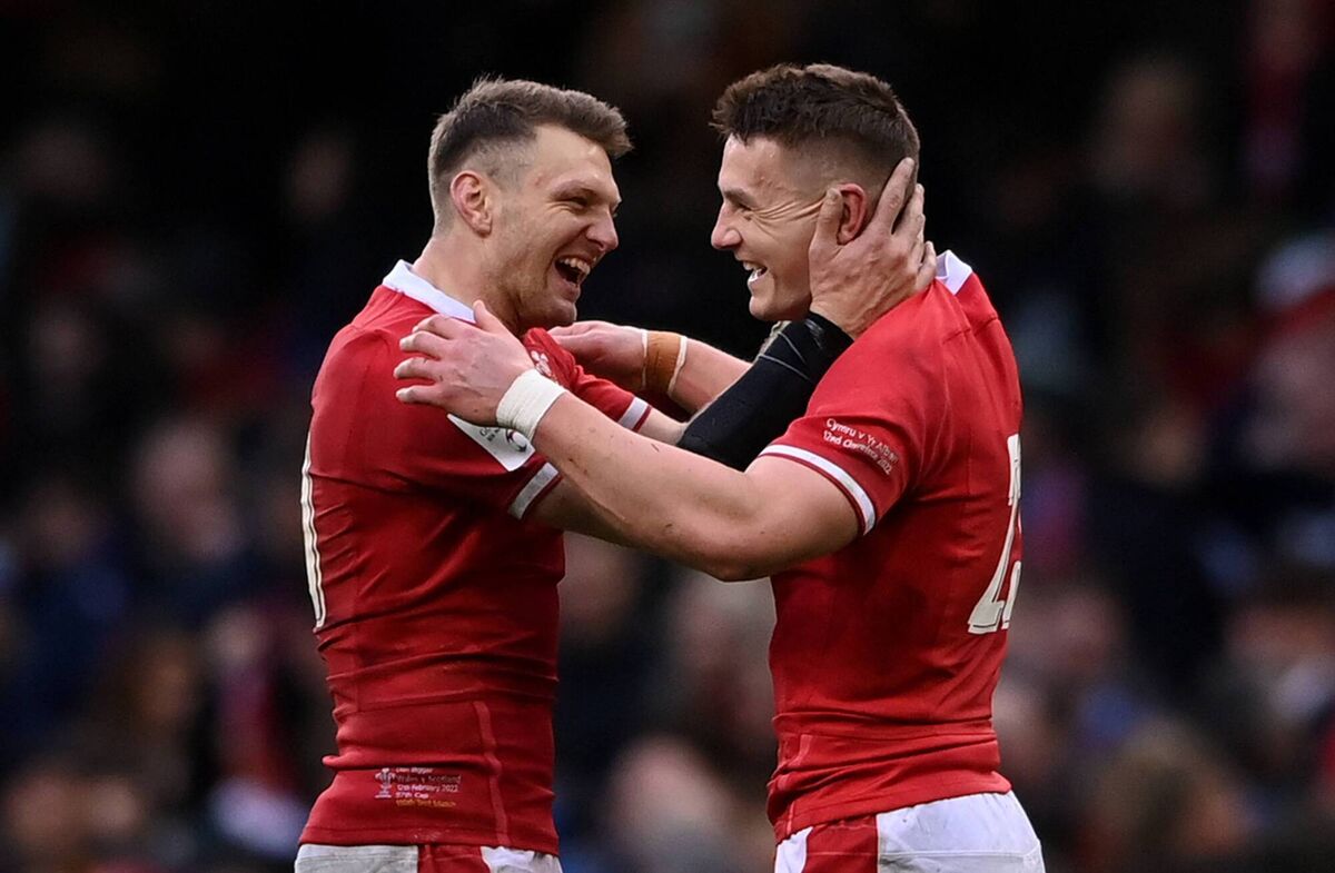 Dan Biggar and Jonathan Davies of Wales celebrate their victory over Scotland. Picture: Stu Forster/Getty Images