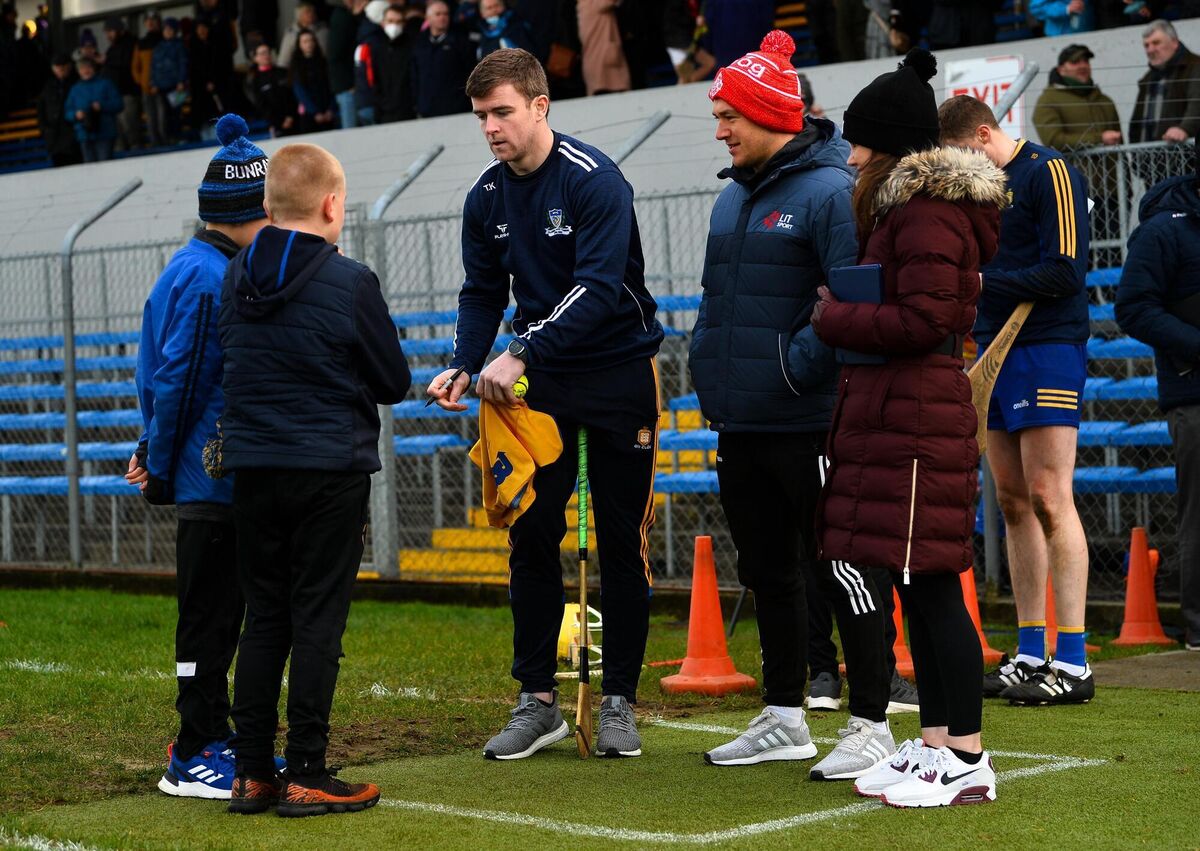 Tony Kelly signs autographs for young supporters after the Allianz League match between Clare and Wexford. Picture: Diarmuid Greene/Sportsfile