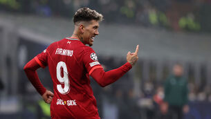 <p>Liverpool's Roberto Firmino celebrates scoring the opening goal. Picture: Fabrizio Carabelli</p>