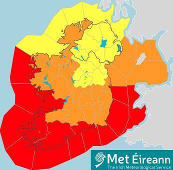 A map indicating the areas set to be worst affected by Storm Eunice. Picture: Met Éireann A map indicating the areas set to be worst affected by Storm Eunice. Picture: Met Éireann