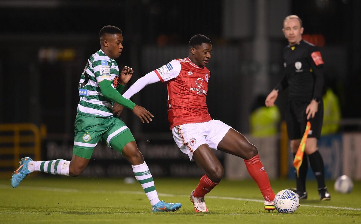 James Abankwah of St Patrick's Athletic in action against Aidomo Emakhu of Shamrock Rovers during the President's Cup match. Picture: Stephen McCarthy/Sportsfile