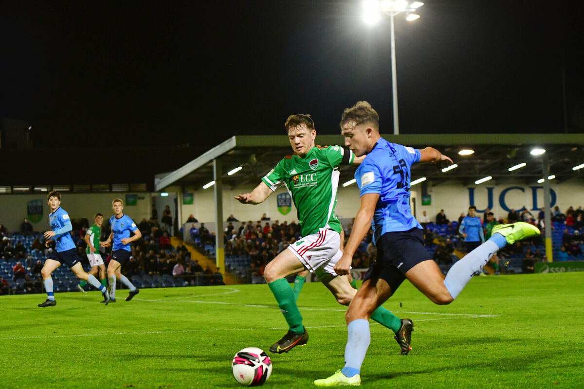  Cork City's Cian Murphy and UCD's Evan Caffrey battle for possession during their side's SSE Airtricity First Division match at the UCD Bowl. Picture: Moya Nolan