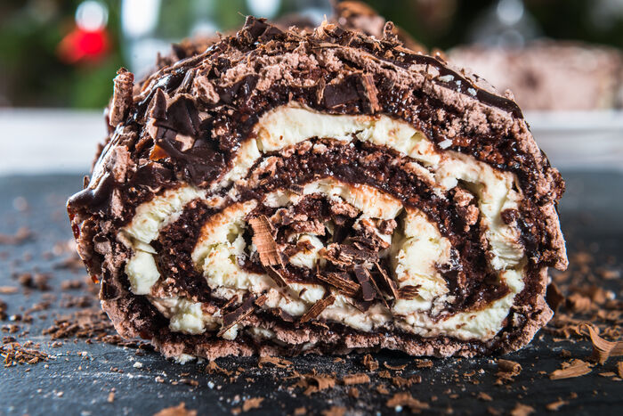 Chocolate roulade with whipped Irish Cream liqueur