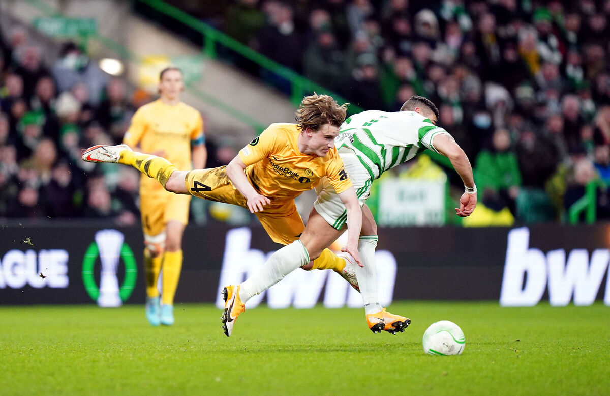 Celtic’s Giorgos Giakoumakis and Bodo/Glimt's Marius Hoibraten battle for the ball during the game. Celtic’s Giorgos Giakoumakis and Bodo/Glimt's Marius Hoibraten battle for the ball during the game.