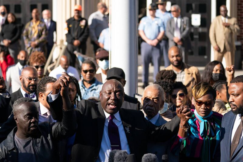 Marcus Arbery, father of Ahmaud Arbery, attorney Ben Crump, Rev Al Sharpton, Wanda Cooper-Jones, mother of Ahmaud Arbery, and attorney Lee Merritt address members of the media following guilty verdicts for the defendants in the trial of the killers of Ahmaud Arbery last November in Brunswick, Georgia. Picture: Sean Rayford/Getty Images