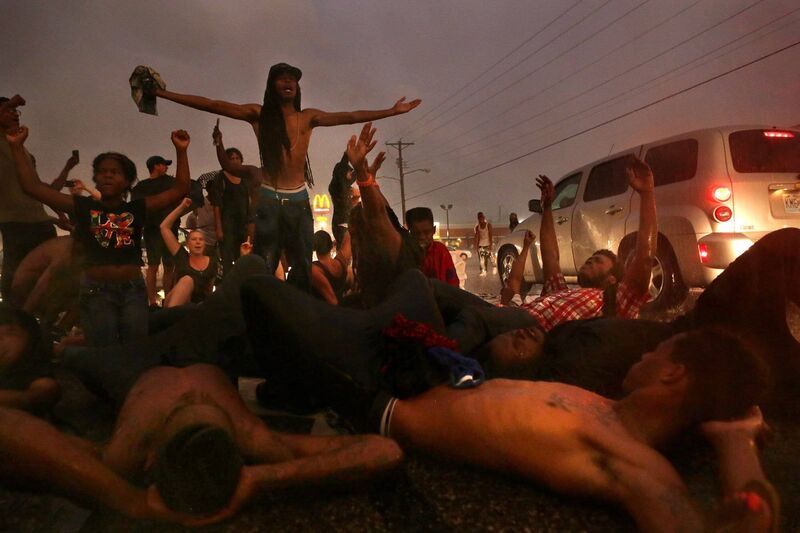 People protest in Ferguson, Missouri in 2015 on the one-year anniversary of Michael Brown being shot and killed by Ferguson Police Officer Darren Wilson. Picture: Cristina M. Fletes/St Louis Post-Dispatch/AP