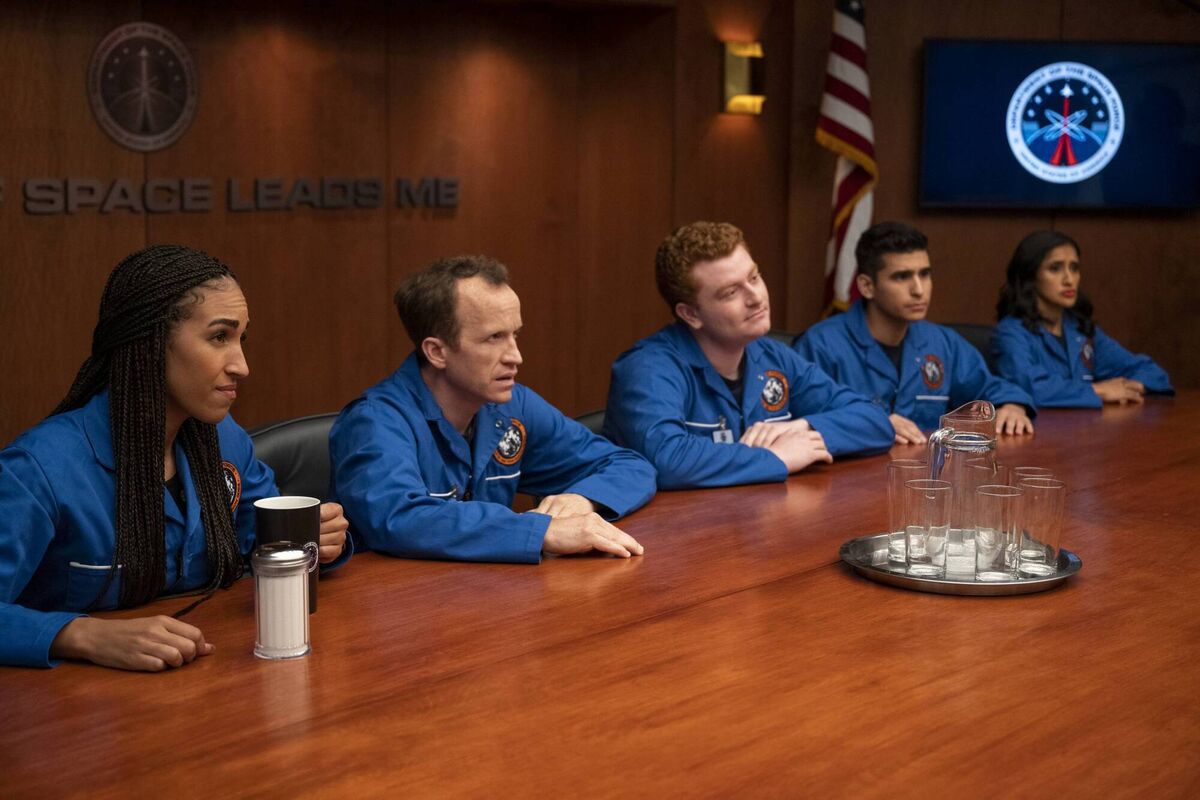 Space Force. (L to R) Tawny Newsome as Angela Ali, Chris Gethard as Eddie, Owen Daniels as Obie, Hector Duran as Julio, Aparna Nancherla as Pella. Picture: Diyah Pera/Netflix