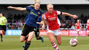 <p>‘Everything I’ve done in my life was for this moment.’ Ireland international Diane Caldwell, pictured challenging Stina Blackstenius, made her debut for Manchester United against Arsenal this month.<span class="contextmenu emphasis CaptionCredit">Picture: David Price/Arsenal FC via Getty Images</span>
            </p>