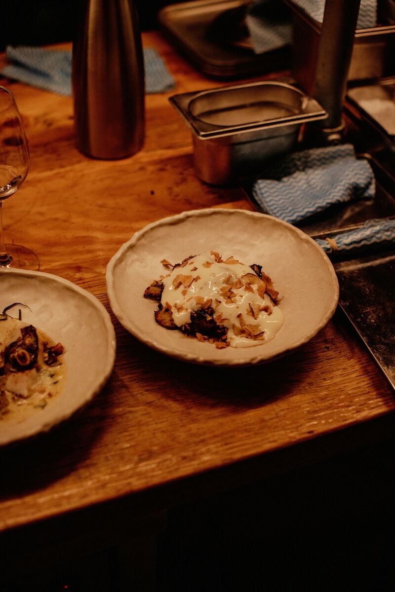 Allta Winter House: artichoke dish - roasted in the wood-burning oven with a sunflower seed miso dressing, Cáis na Tire foam and artichoke crisps for texture — these earthy, sweet, nutty, creamy, cheesy wonders tasted out of this world good