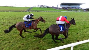 <p>Teahupoo &amp; Jordan gainford (left) chase down Quilixios &amp; Darragh O’Keeffe (red)in the Sporting Limerick Hurdle. Picture: Healy Racing</p>