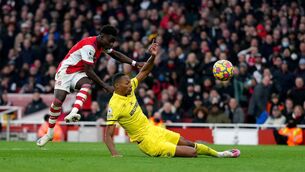 <p>BANG: Arsenal's Bukayo Saka scoring the second goal at the Emirates Stadium</p>