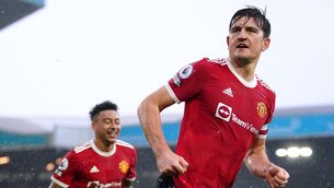 <p>Manchester United's Harry Maguire celebrates scoring their side's first goal of the game during the Premier League match at Elland Road, Leeds. Photo: Mike Egerton/PA Wire </p>