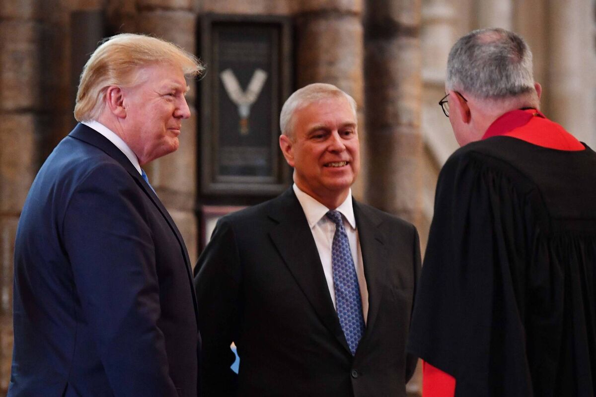 Former US president Donald Trump with Englands' Prince Andrew and Dean of Westminster John Hall during Trump's three-day state visit to the UK in 2019. Picture: Jeff J Mitchell/Getty Images