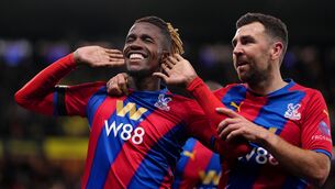 <p>Crystal Palace's Wilfried Zaha celebrates scoring his sides third goal during the Premier League match at Vicarage Road, Watford. Picture: John Walton/PA.</p>