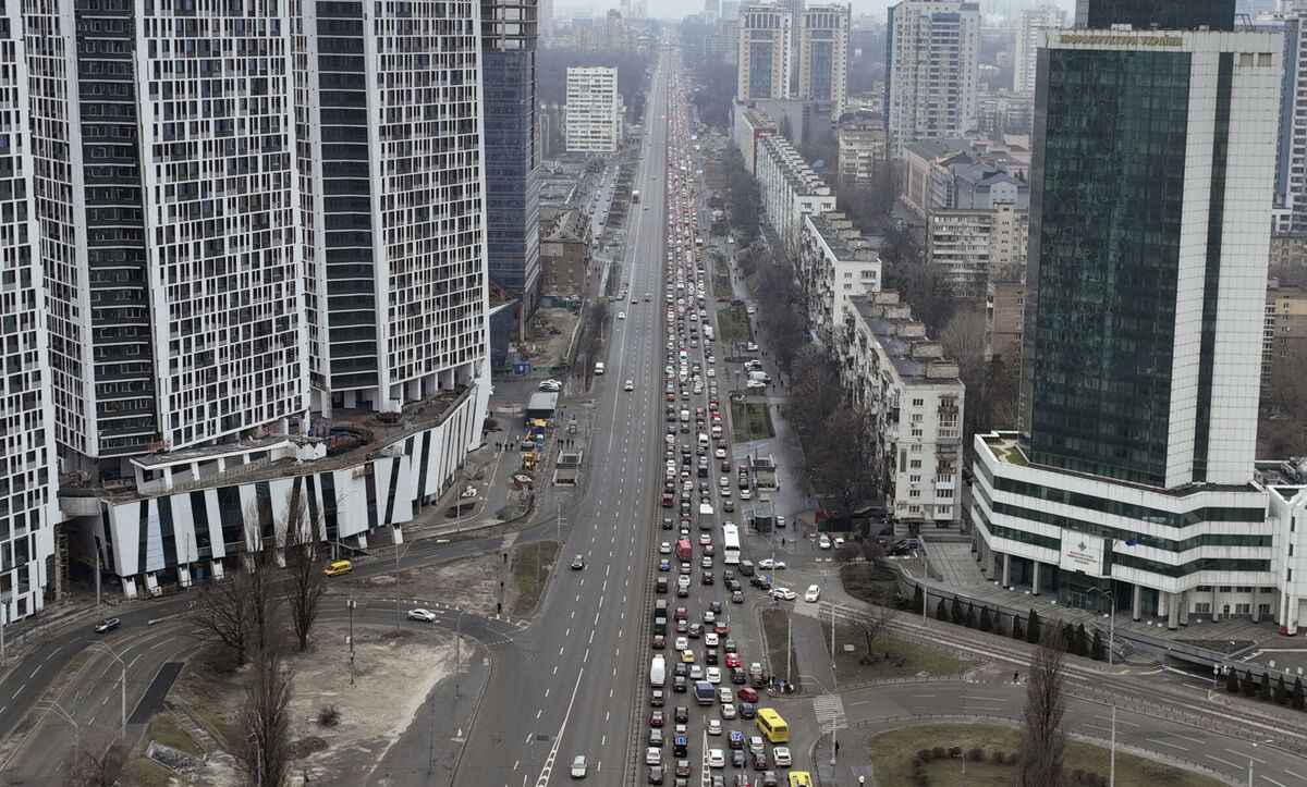 Traffic jams are seen as people leave the city of Kyiv, Ukraine. Picture: AP Photo/Emilio Morenatti