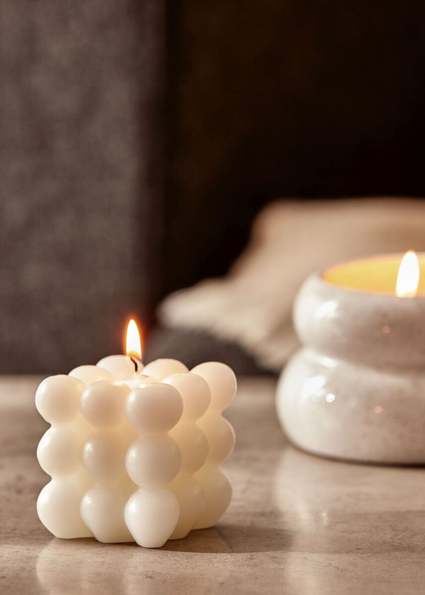  Bubble ceramic candle and holder (€6), and the Bubble wax shaped candle (€2) from Penneys.