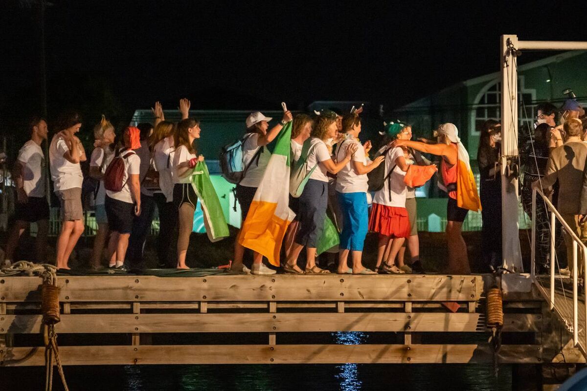 Karen Weekes arrives in Bridgetown harbour to cheers of 'she did it' from family and friends, some who had travelled from Ireland. Picture: Andreas Riemenschneider 