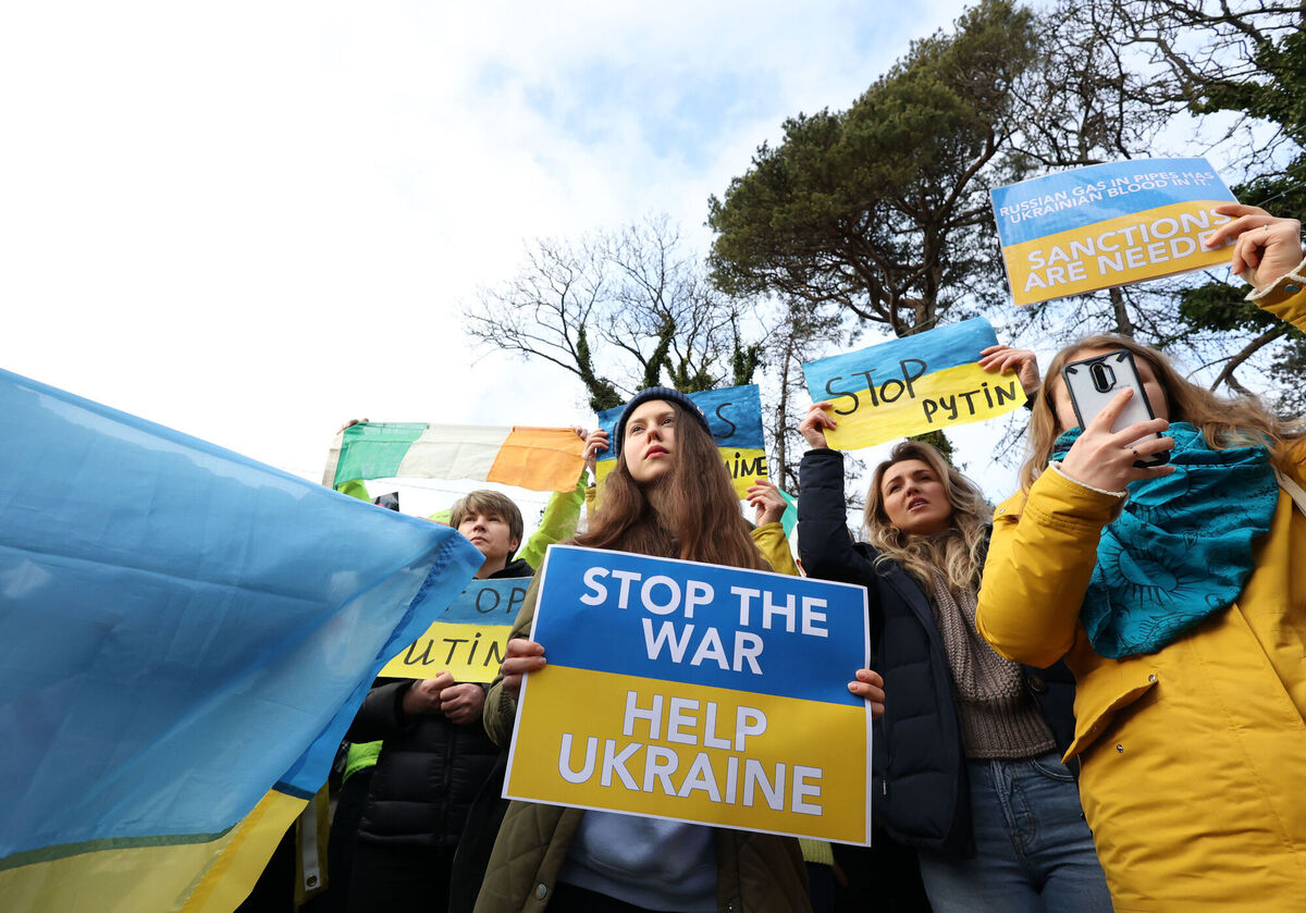 Protesters outside the embassy of the Russian Federation in Dublin, following the Russian invasion of Ukraine. Picture: Sam Boal/PA Wire