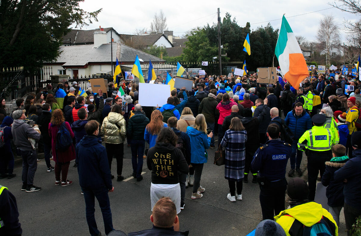 Demonstrators during a protest at the Russian embassy on the Orwell Road, Dublin over the Russian invasion of the Ukraine.