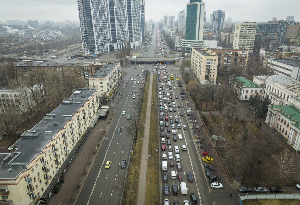 Traffic jams are seen as people leave the city of Kyiv, Ukraine. Picture: AP Photo/Emilio Morenatti Traffic jams are seen as people leave the city of Kyiv, Ukraine. Picture: AP Photo/Emilio Morenatti