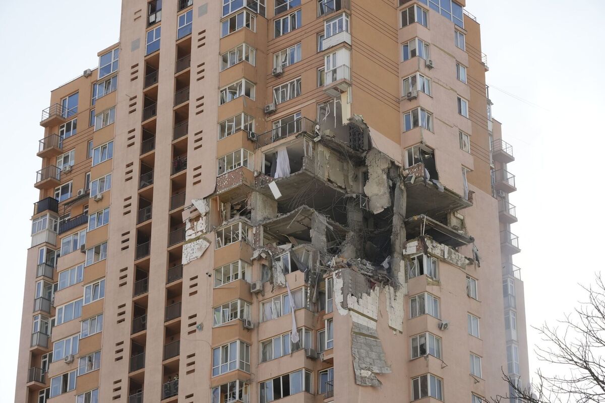 An apartment building damaged following a rocket attack on the city of Kyiv, Ukraine, Saturday, Feb. 26, 2022. Picture: AP Photo/Efrem Lukatsky An apartment building damaged following a rocket attack on the city of Kyiv, Ukraine, Saturday, Feb. 26, 2022. Picture: AP Photo/Efrem Lukatsky