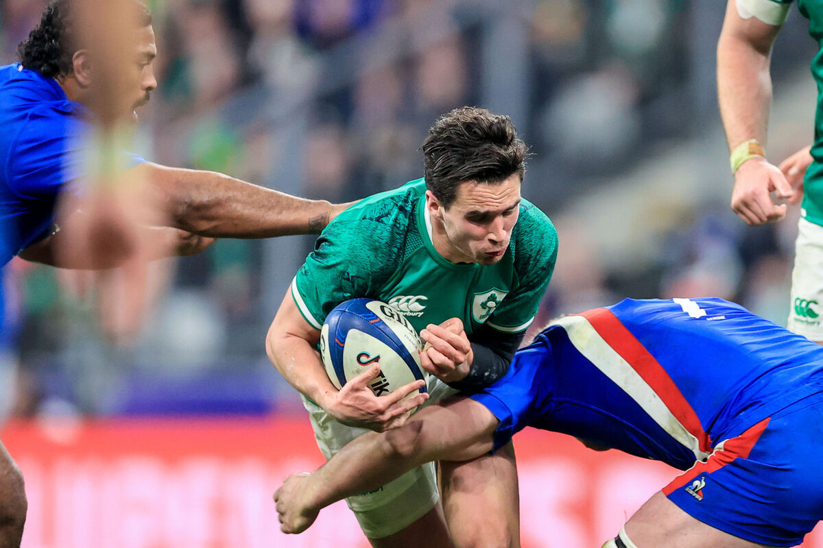 Joey Carbery comes up against Anthony Jelonch of France during the Six Nations game in Paris earlier this month. Pic: INPHO/Billy Stickland
