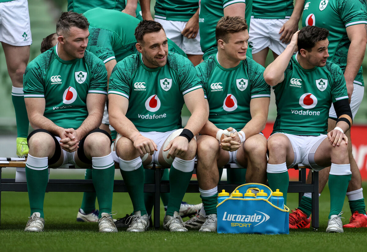 Peter O’Mahony, Jack Conan, Josh van der Flier and Joey Carbery get ready for the team photo ahead of Sunday's Six Nations game against Italy at the Aviva Stadium.  Pic: INPHO/Dan Sheridan