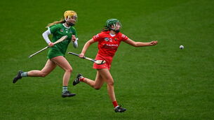 <p>Cliona Healy of Cork in action against Stephanie Woulfe of Limerick during the Littlewoods Ireland Camogie League Division 1 Round 2 match at Páirc Ui Chaoimh in Cork. Pic: Eóin Noonan/Sportsfile</p>