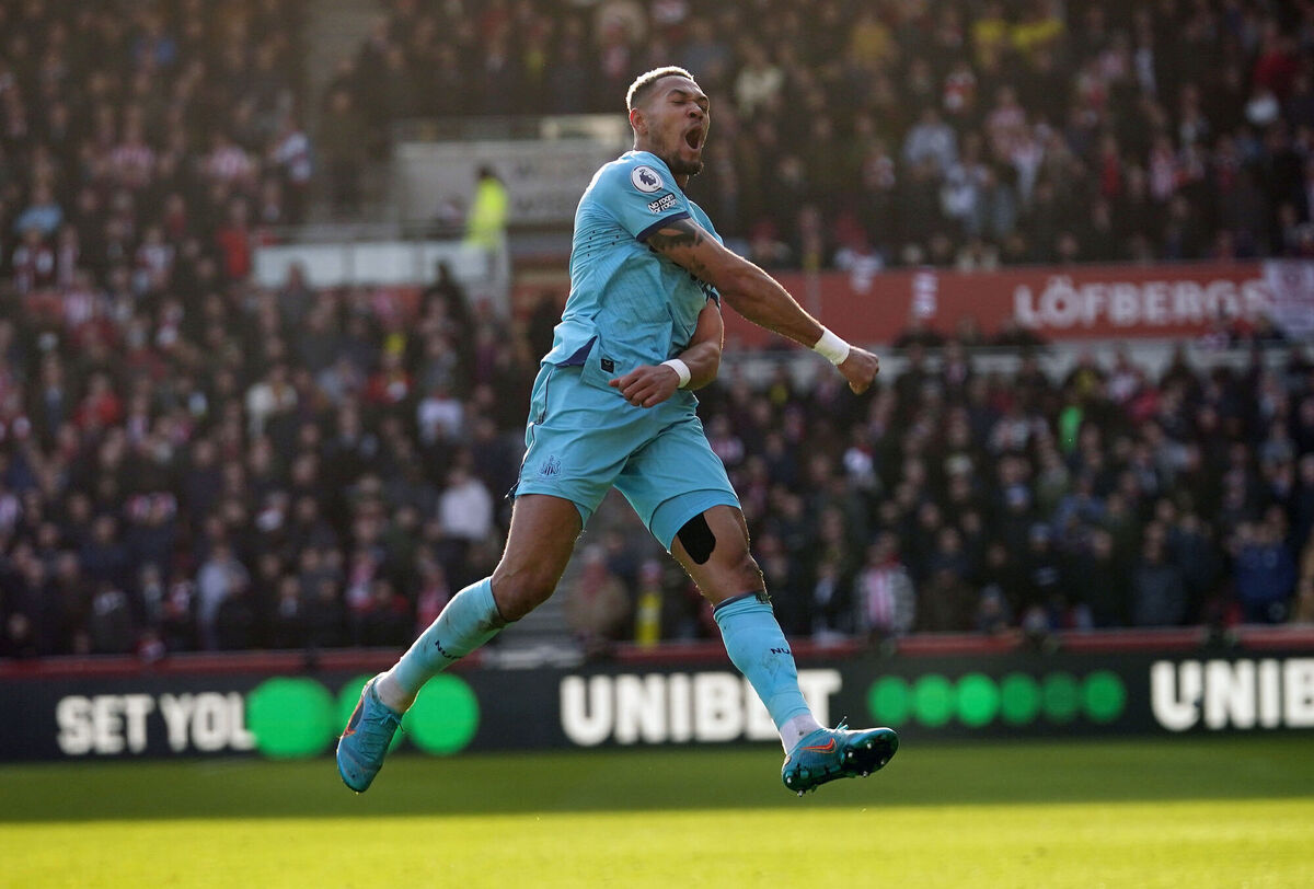 Newcastle United's Joelinton celebrates scoring their side's first goal of the game during the Premier League match at the Brentford Community Stadium. Pic: Aaron Chown/PA Wire