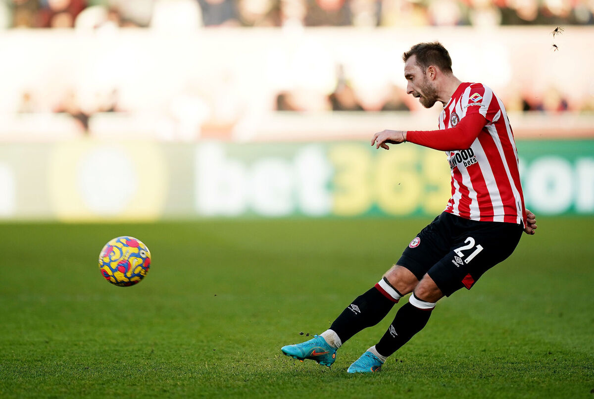 Christian Eriksen in action during the Premier League match at the Brentford Community Stadium. Pic: Aaron Chown/PA Wire