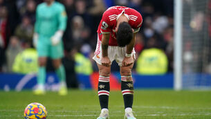 <p>Manchester United's Bruno Fernandes looks dejected after the Premier League match at Old Trafford. Pic: Nick Potts/PA Wire</p>