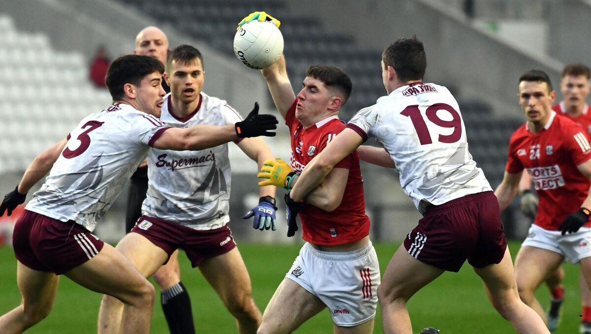 PRESSURE: Cork's Blake Murphy breaks from Galway's Sean Kelly and Johnny Heaney PRESSURE: Cork's Blake Murphy breaks from Galway's Sean Kelly and Johnny Heaney