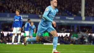 <p>Manchester City's Phil Foden celebrates scoring their side's first goal of the game during the Premier League match at Goodison Park. Pic: PA</p>