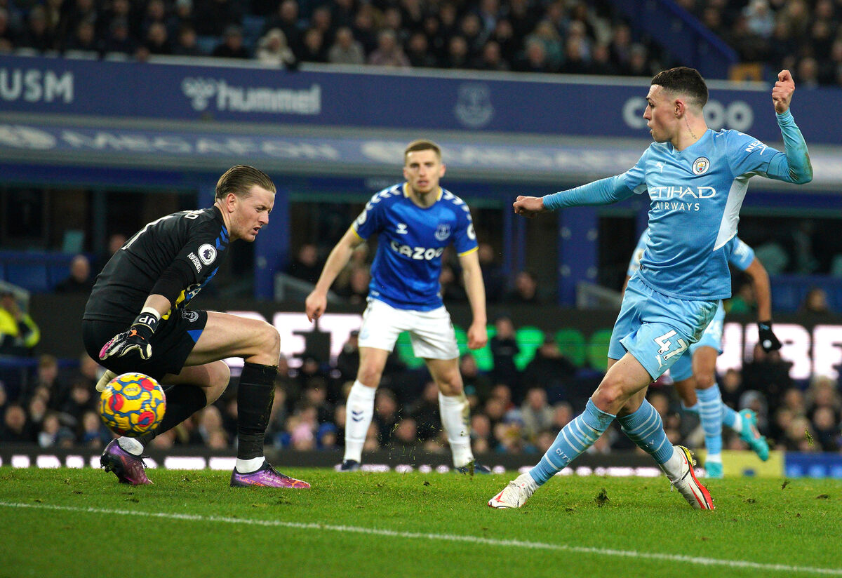 Phil Foden scores their side's goal at Goodison Park. Pic: PA