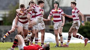 <p>Colaiste Iognaid players celebrate at the final whistle after their last-gasp win over CBS Roscommon in the Connacht Rugby Schools Senior Cup Semi-Final. Picture: Inpho/Laszlo Geczo</p>