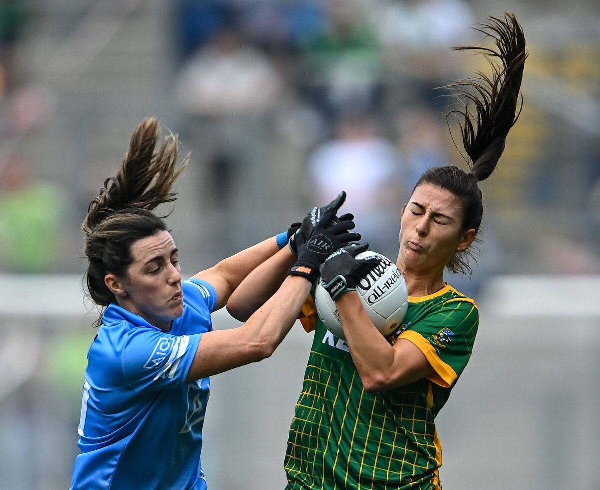 5 September 2021; Emma Troy of Meath is tackled by Lyndsey Davey of Dublin during the TG4 All-Ireland Ladies Senior Football Championship Final match between Dublin and Meath at Croke Park in Dublin. Photo by Piaras Ó Mídheach/Sportsfile 