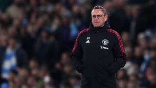 <p>Manchester Utd manager Ralf Rangnick during their Premier League defeat to Manchester City at the Etihad Stadium </p>