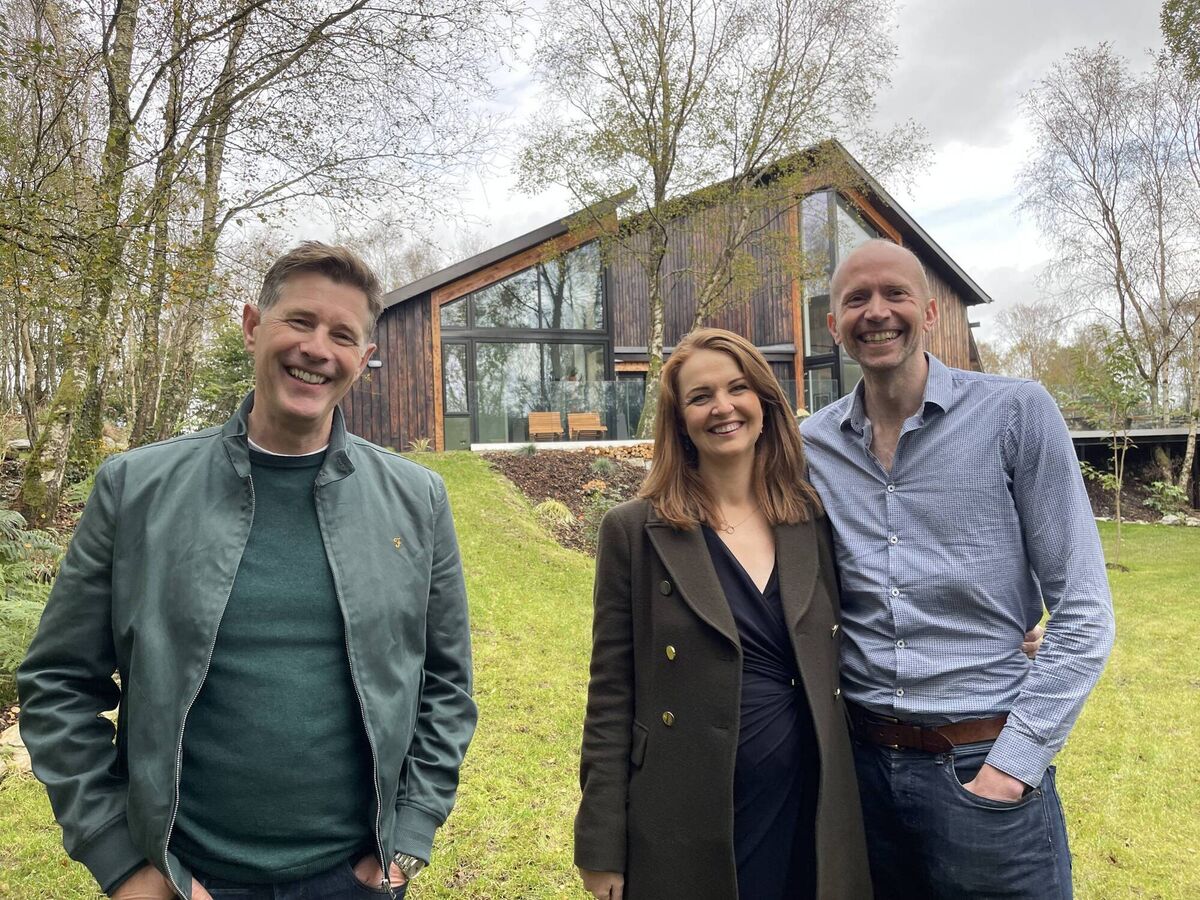 Hilary and Paul Fairbrother with Dermot Bannon at a house that they visited to help inspire the build. Picture: Ruth Maria Photography 