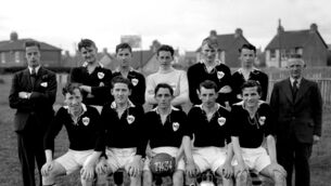 <p>The Western Rovers minor soccer team pictured at Turners Cross. Included is Frank O'Farrell (back row, third from left). 22/06/1945 Ref. 899C /Old black and white /100 Cork Sporting Heroes ( Volume 1)</p>