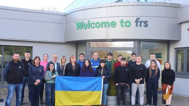 <p>FRS Network and Herdwatch staff at FRS Network HQ in Roscrea standing in solidarity with the people of the Ukraine and donating €20,000 to the Red Cross.</p>