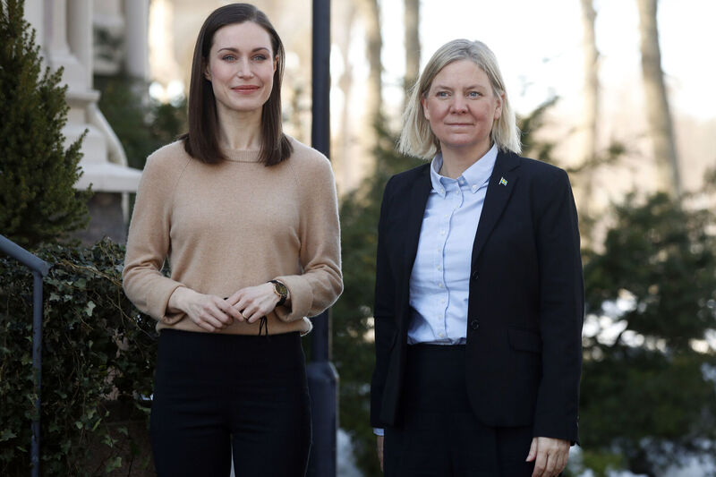 Finnish prime minister Sanna Marin, left, and her Swedish counterpart Magdalena Andersson in Helsinki on Saturday.	Picture: Roni Rekomaa/Lehtikuva/AP
                    