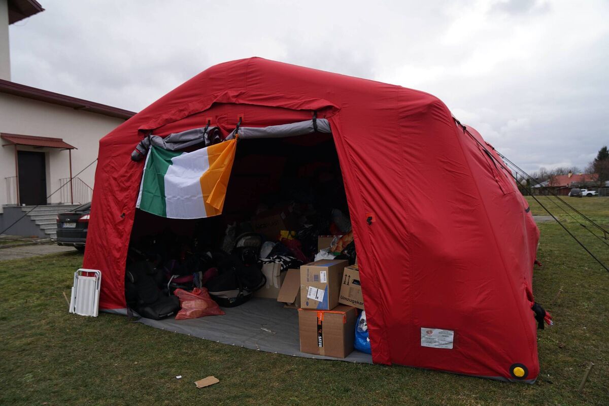 Donations from Ireland outside the local school in Medyka, Poland which is being used as a drop-off point for supplies. Picture: 