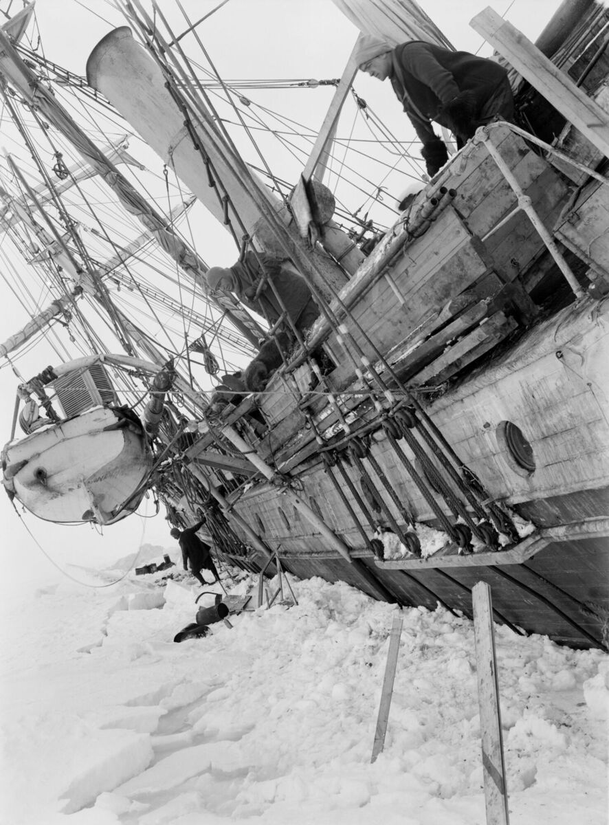 Picture issued by the Royal Geographic Society with Ernest Shackleton leaning over the side of the Endurance trapped in sea ice dated 19/10/1915. Picture: Royal Geographic Society/PA Wire Picture issued by the Royal Geographic Society with Ernest Shackleton leaning over the side of the Endurance trapped in sea ice dated 19/10/1915. Picture: Royal Geographic Society/PA Wire