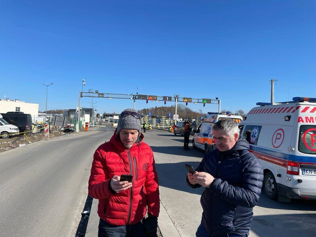 John Morrissey and Kevin Byrne at Medyka border crossing where they are helping to coordinate logistics. John Morrissey and Kevin Byrne at Medyka border crossing where they are helping to coordinate logistics.