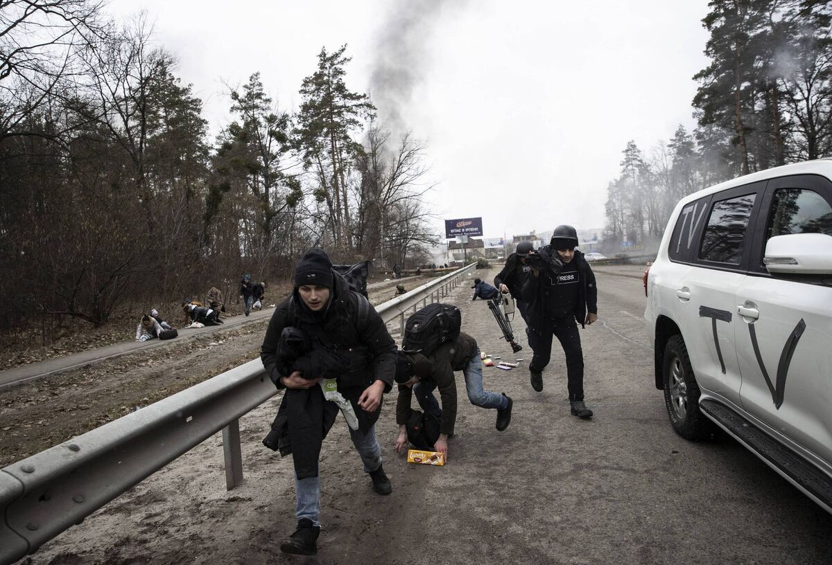 Views from the vicinity of the bridge in the city of Irpin, northwest of Kyiv. Picture: Emin Sansar/Anadolu Agency via Getty Images