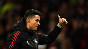 <p>Manchester United's Cristiano Ronaldo gives a thumbs up after the Premier League match at Old Trafford, Manchester. Picture date: Saturday March 12, 2022.</p>