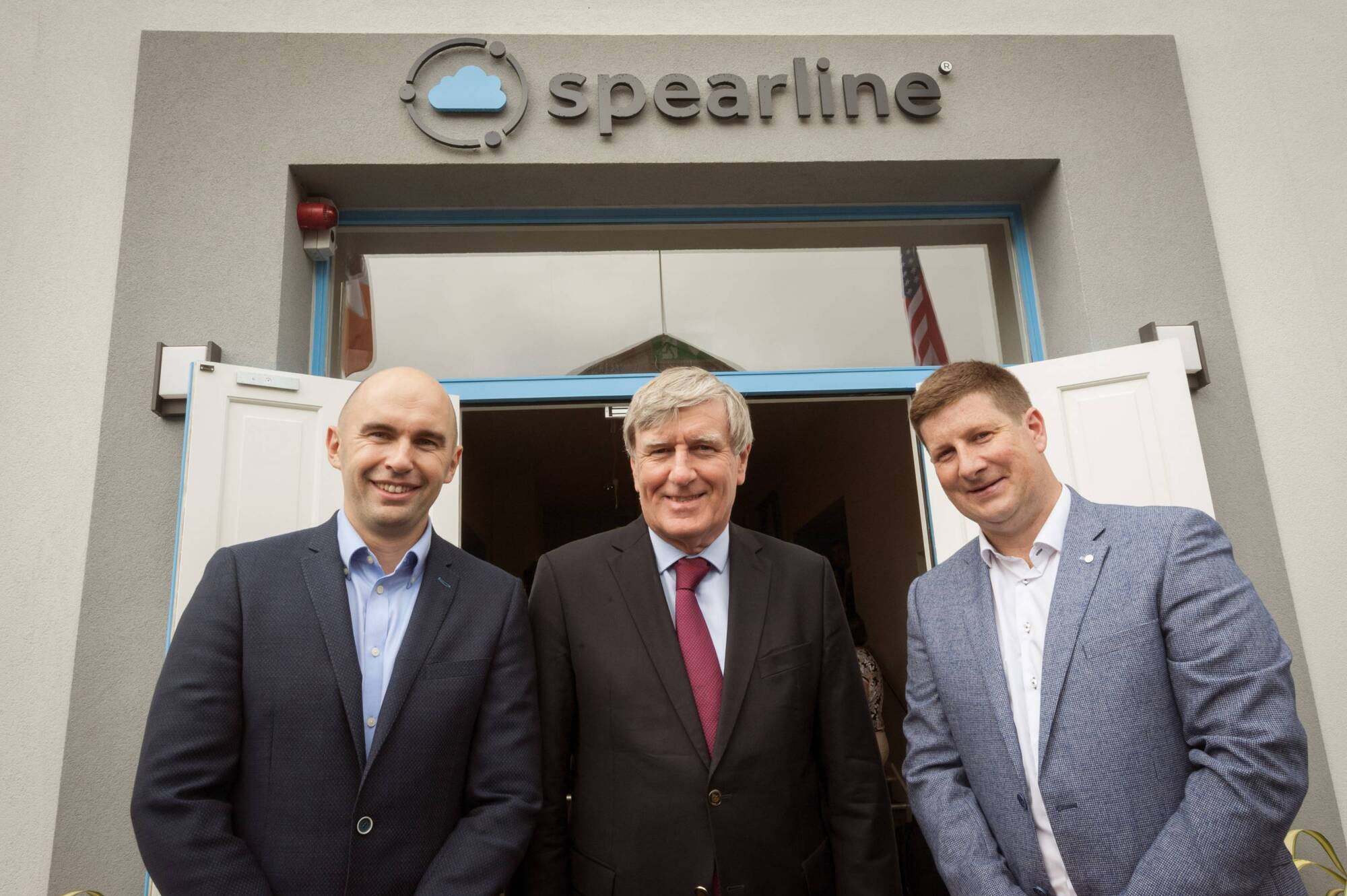 Matthew Lawlor, co-founder and CTO at Spearline; Daniel Mulhall, Ambassador of Ireland to the United States of America, and Kevin Buckley, co-founder and CEO at Spearline, at the official opening of the Spearline headquarters in Skibbereen, Co Cork in 2020. Picture: Dermot Sullivan
